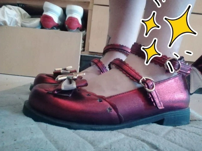 Burgundy permanent glitter finish sweet lolita shoes with star-shaped gold ornaments ankle buckle straps low heel rubber sole and premium PU leather upper construction