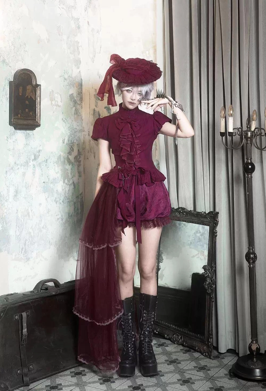 Burgundy Gothic Lolita blouse two-piece set front view real human model vintage room red formal hat combat boots detachable drape