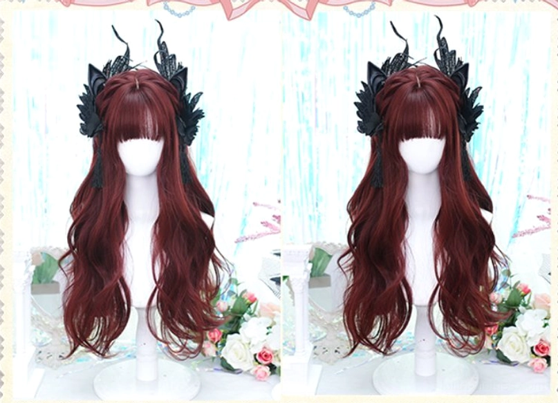 Burgundy Gothic Lolita long curly wig with blunt bangs and natural waves - alternative angle showcase