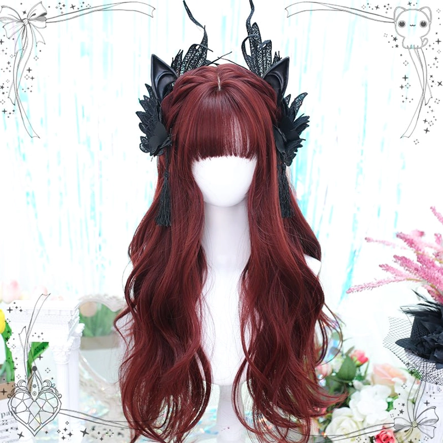 Low-angle frontal view of full-length burgundy Gothic Lolita wig with deep red-brown color and matching black feather hair accessories