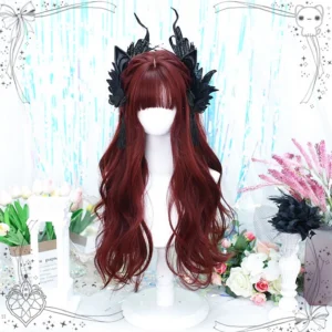 Close-up frontal view of burgundy Gothic Lolita wig showing voluminous waves and neat blunt bangs with gothic hair ornaments