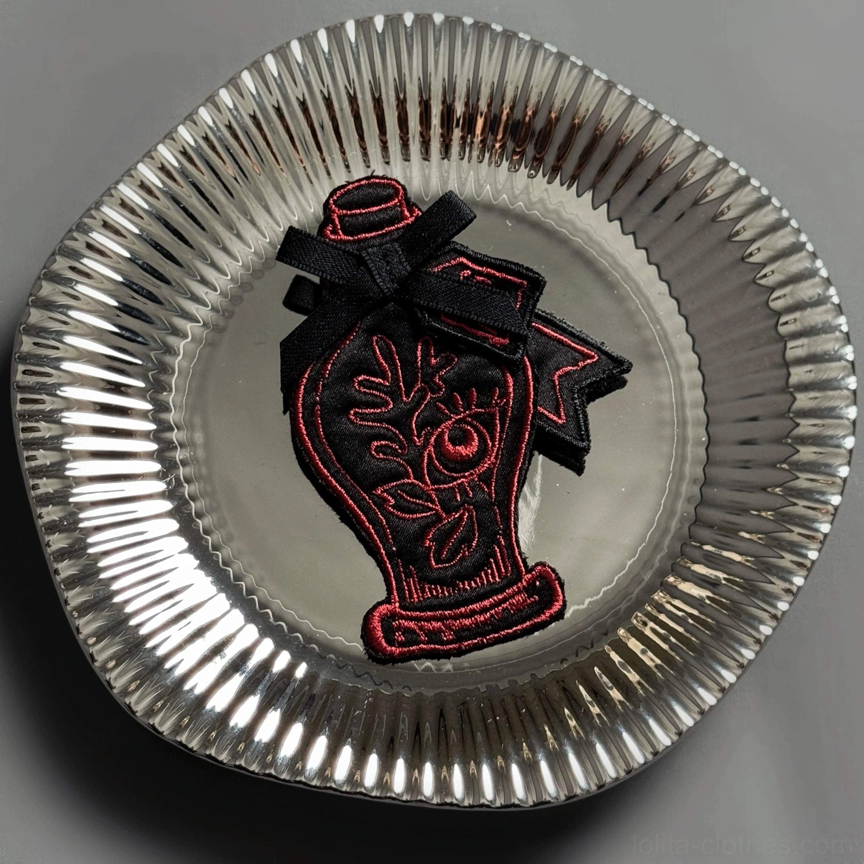 Single burgundy wine-red gothic potion bottle embroidered badge with eye and vine patterns bow accent