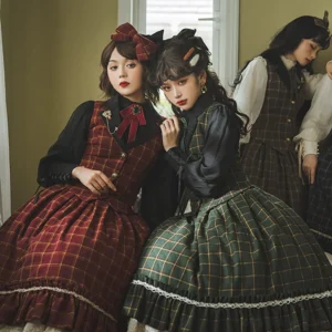 Dark burgundy and green grid lolita vest dress contrasting colors elegant lace hem