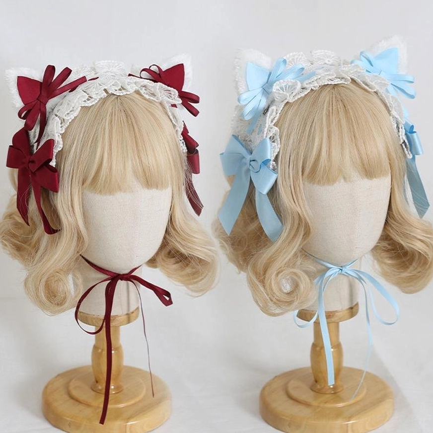 burgundy wine red and light blue cat ear lolita headband sets coordinated color bows adjustable straps dual display