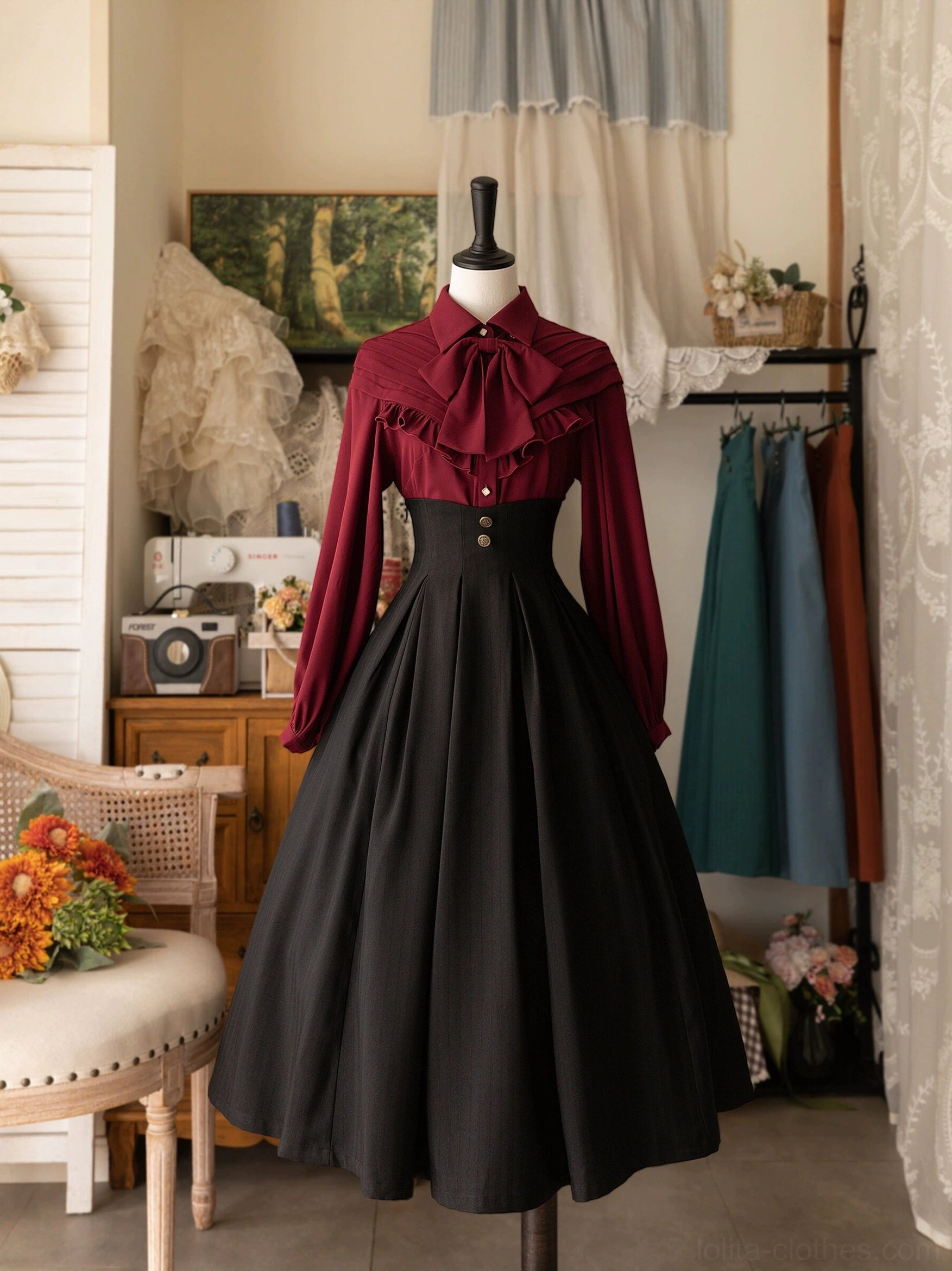 Complete vintage Lolita outfit featuring burgundy ruffled bow blouse paired with fitted high-waisted black A-line midi skirt on dress form, full body front display in retro home-style boutique room