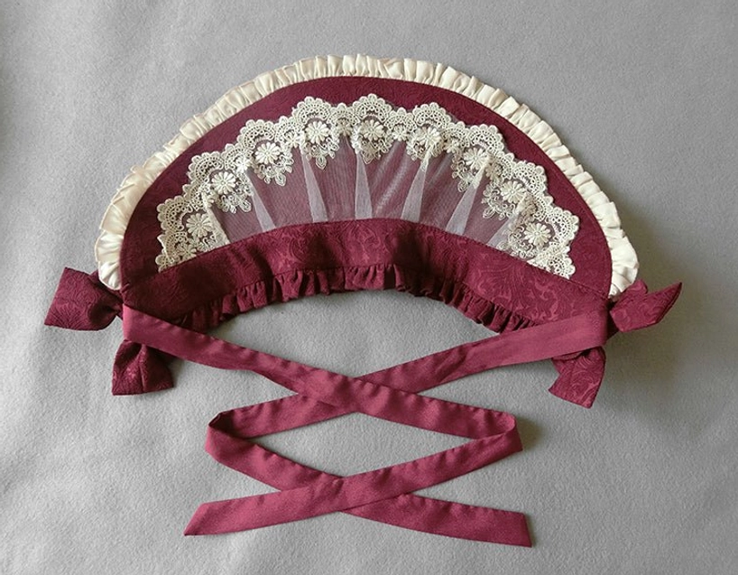 Front view burgundy Lolita adjustable bonnet with embroidered lace brim fan-shaped inner structure