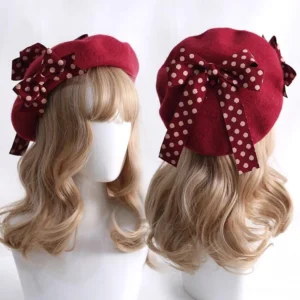 Burgundy lolita bow beret hat with matching polka dot ribbon bow, front and rear display on two mannequins showing elegant wine red color and refined bow placement