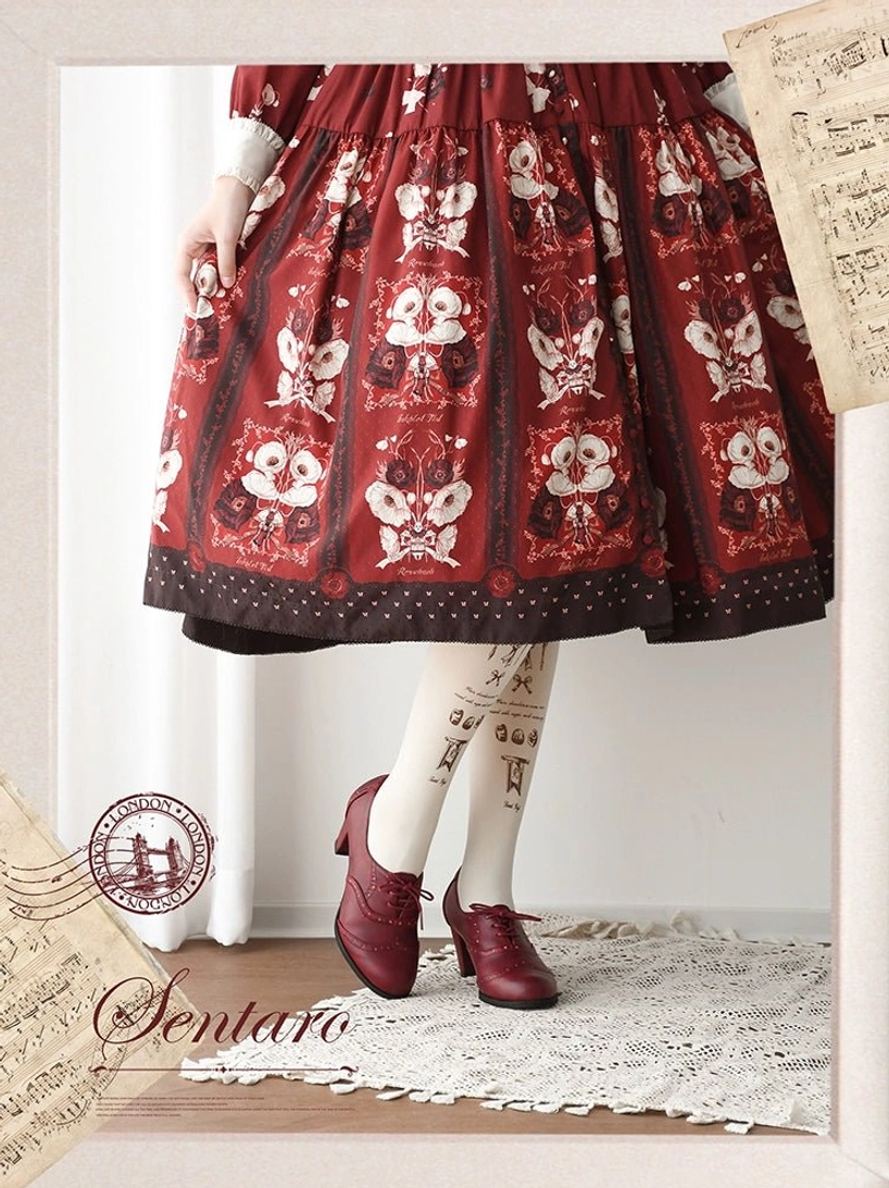 Burgundy lolita leather heel shoes with hand-carved brogue perforations and lace-up closure, shown from low side angle with vintage red owl-patterned lolita skirt and thigh-high stockings