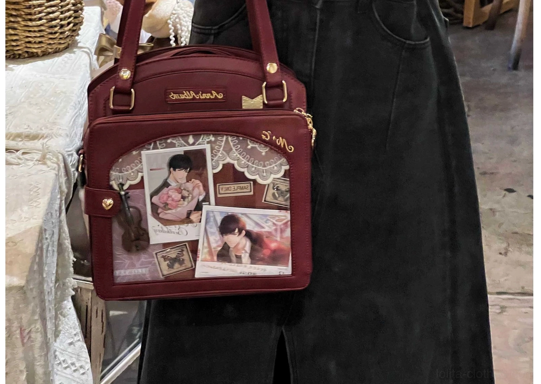 Burgundy lolita checkered itabag rich sophisticated classic vintage-inspired coordinate wine-toned accessories display