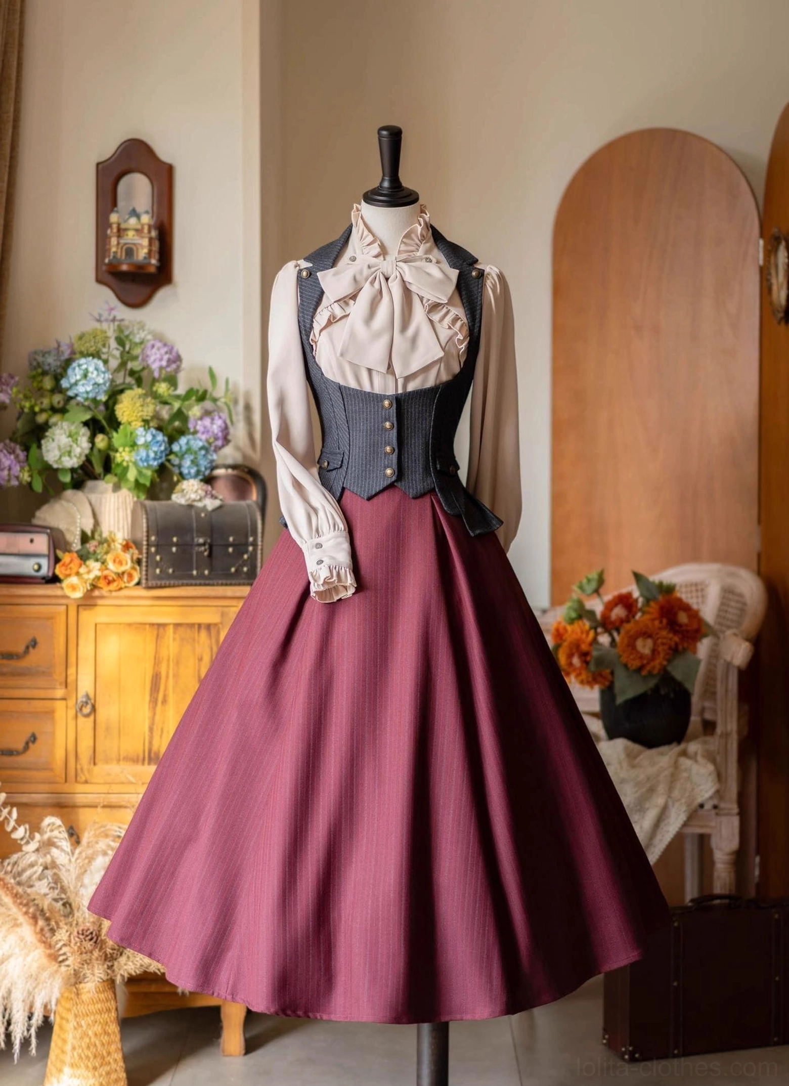 Full vintage lolita coordinate outfit burgundy pinstriped vest white ruffled blouse burgundy a-line midi skirt