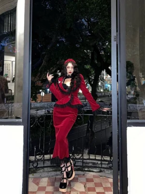 Burgundy gothic lolita fishtail dress set side profile outdoor balcony evening styling platform heels