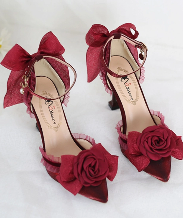 Wine red burgundy Lolita high heel shoes close up branded footbed ankle strap pearl red mesh bow wine rose decoration detail