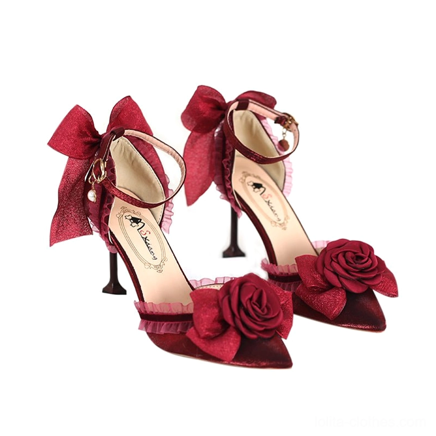 Wine red burgundy Lolita high heel shoes with satin vamp rose and ruffled trim stiletto heel mesh bow decoration side view