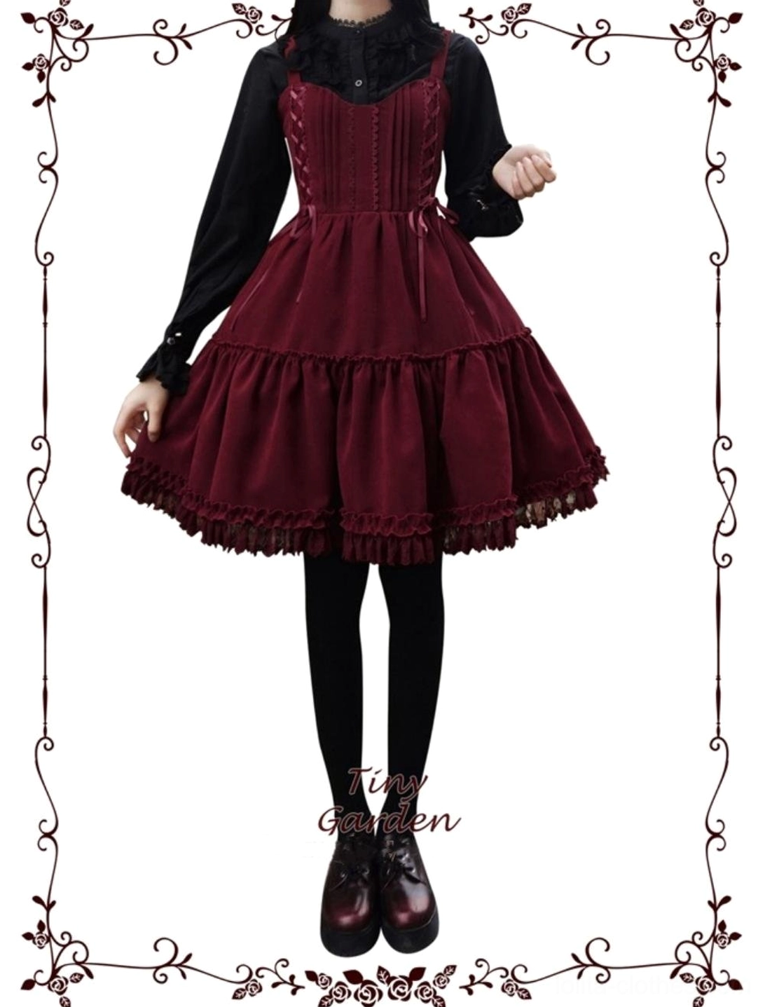 Burgundy wine red lolita jsk with black long-sleeve inner top on female model half-side front view black tights brown leather shoes