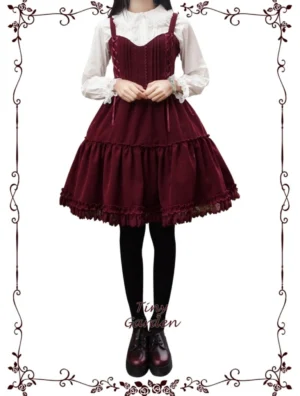 Burgundy lolita jsk with white ruffled blouse on female model full front view black tights brown leather shoes sweet lolita coordinate