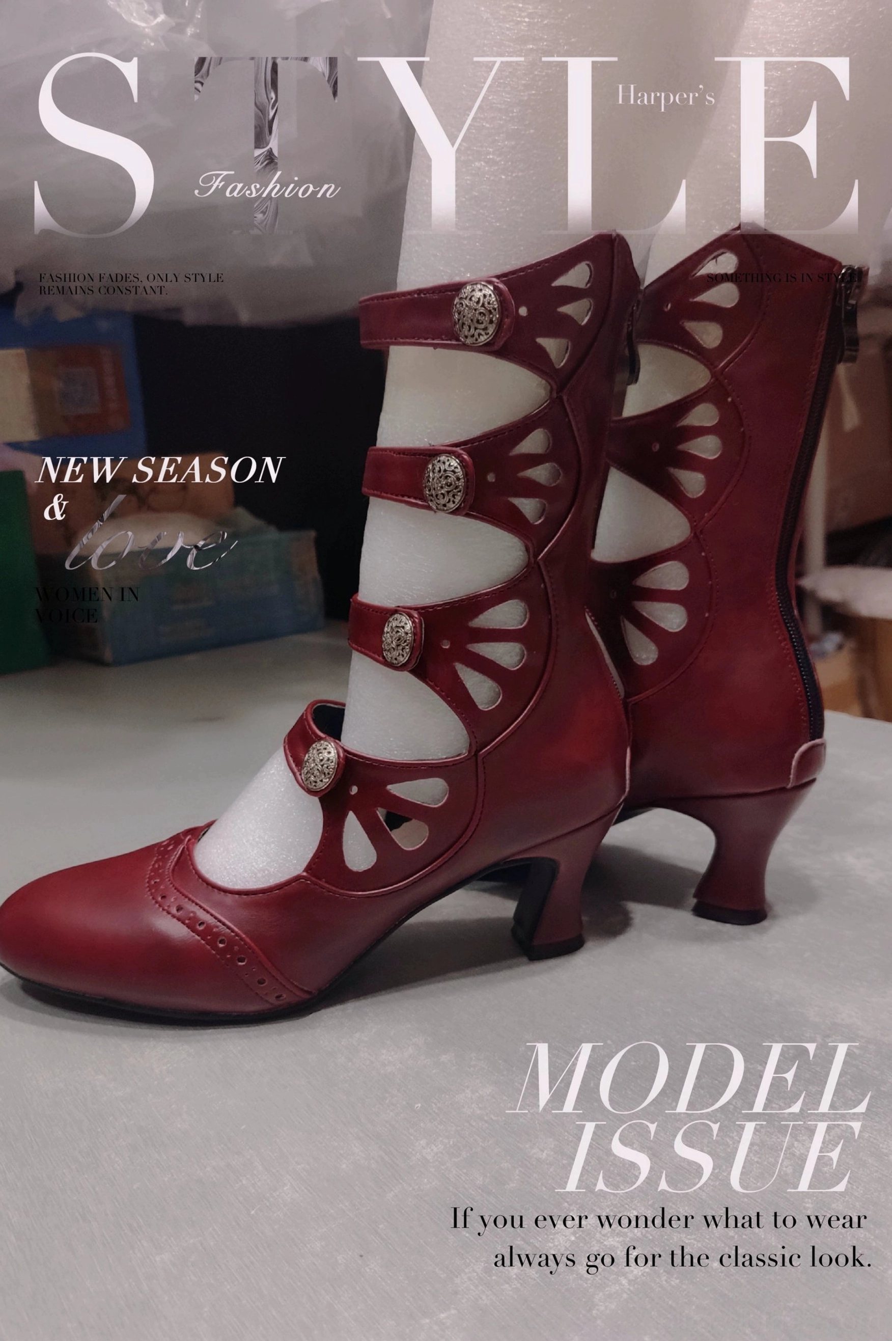 Burgundy vintage Lolita Mary Jane ankle boots with side zipper closure and decorative metal buckles displayed in studio magazine-style layout