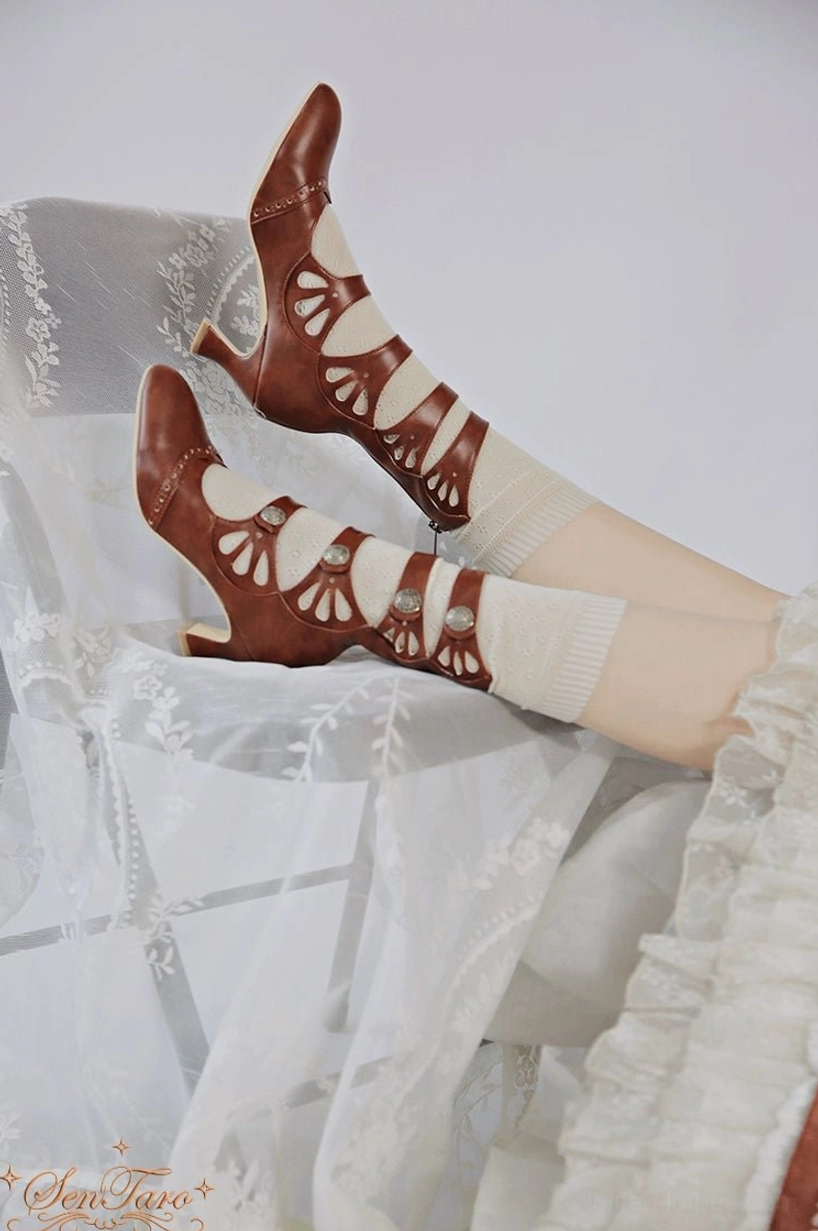 Burgundy Lolita Mary Jane ankle boots with side zipper and curved heel paired with white socks vintage aesthetic
