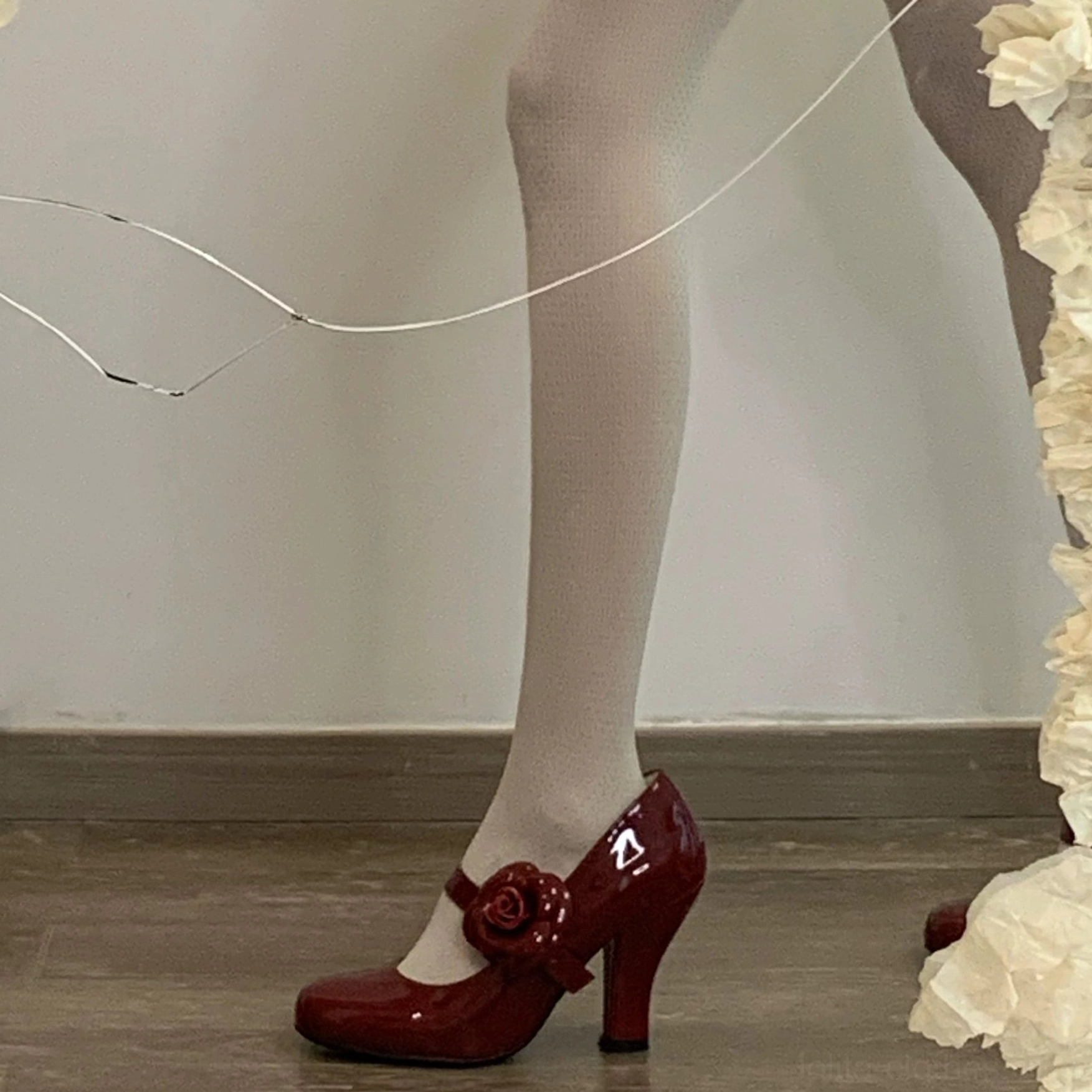 Burgundy Lolita Mary Jane high heels flat lay product shot showing rich wine red color rose ornament ankle strap patent leather finish vintage romantic style