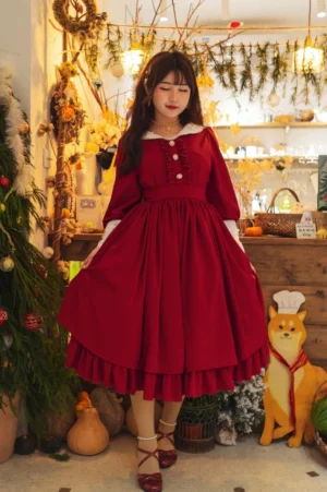 Burgundy classic Lolita OP dress full front view with decorative doll collar and buttons, layered ruffled hem, plus-size model in vintage Christmas shop setting