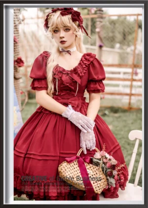 Burgundy wine red plus size elegant lolita OP dress front view with model wearing white gloves choker and flower accessories