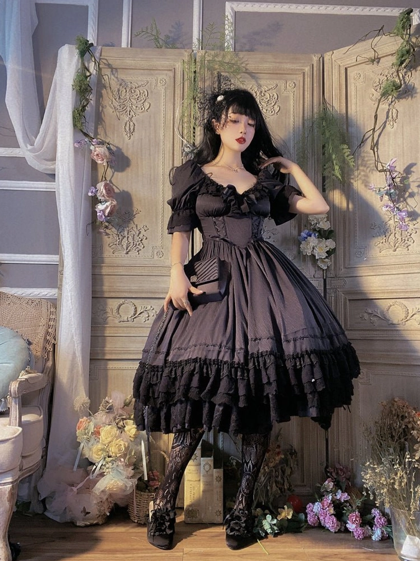 Burgundy French Lolita one-piece dress with shirring back detail for comfort and breathability close-up view