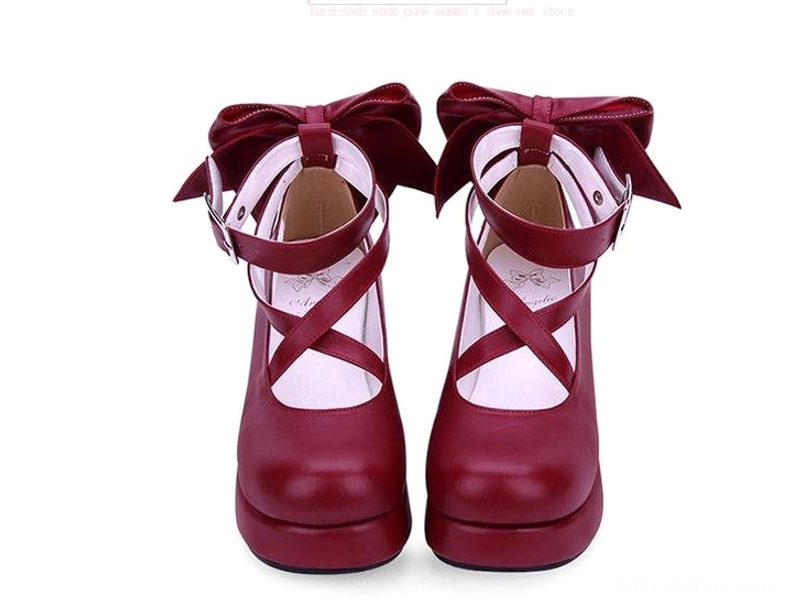 Burgundy platform Lolita shoes color variant display with metal buckle details crisscross ankle straps back bow design element