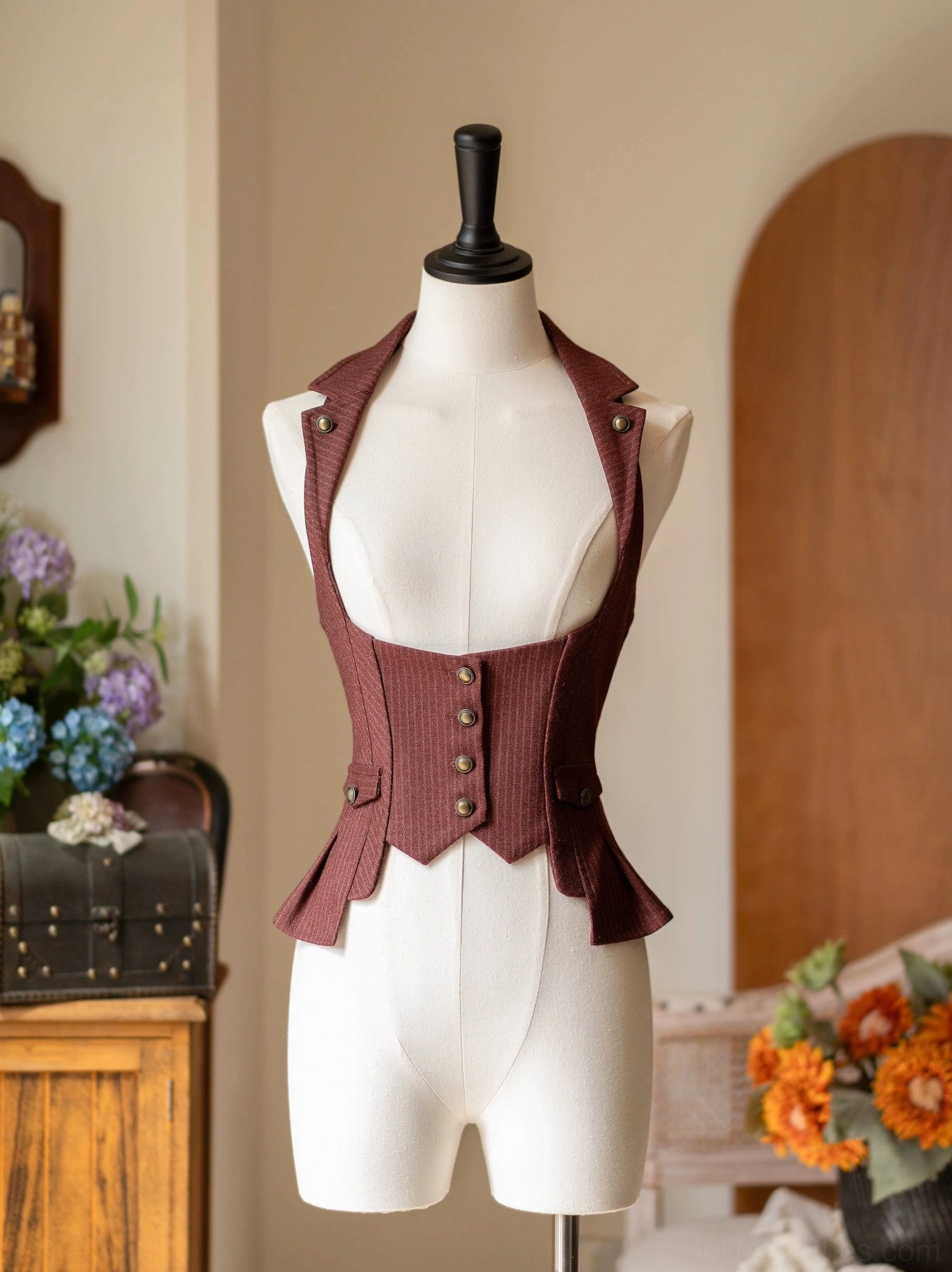Classic lolita tailored vest burgundy brown red solid color front view with metal buttons and peplum hem