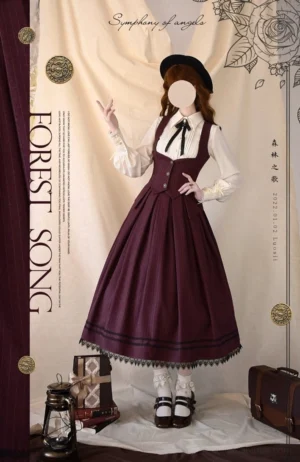 Retro lolita girl wearing burgundy pinstripe waistcoat full-body portrait beret curly hairstyle lace-trimmed skirt white formal blouse