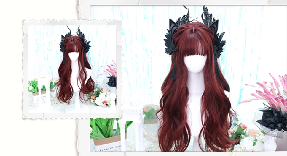 Polaroid style photo collage of burgundy Lolita long curly wig with mini thumbnail and clear frontal shot with romantic ribbon decoration