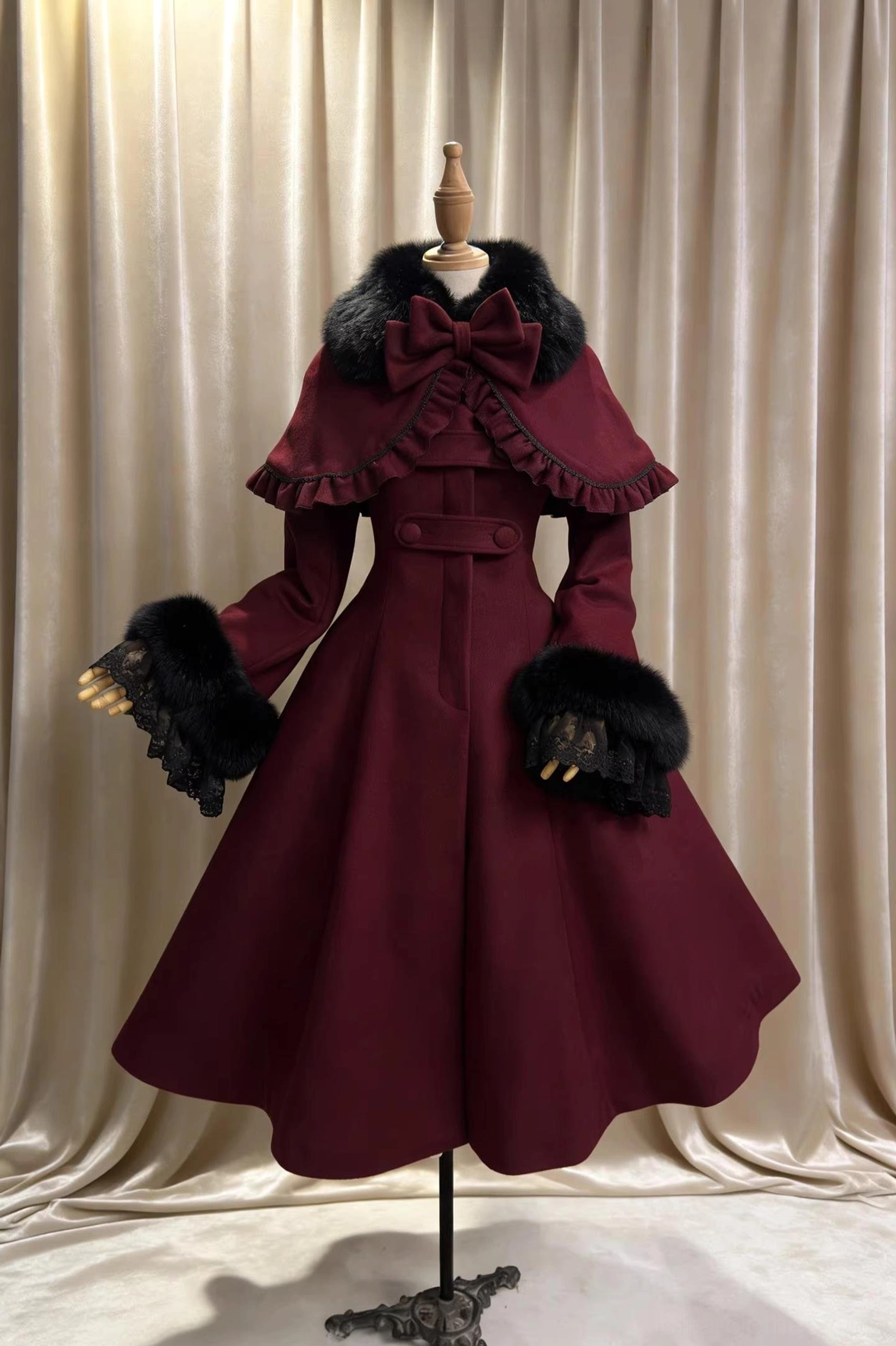 Burgundy deep wine Lolita wool coat black fur collar lace cuffs detachable cape fitted waist gothic elegant