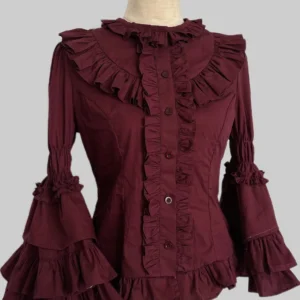 Direct front view of burgundy vintage lolita ruffle blouse showing full button placket, matching fabric buttons, tiered bell sleeves, and coordinating ruffle details on collar and cuffs