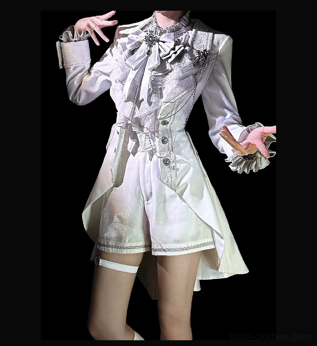 Wine red burgundy Ouji Lolita tailcoat lace-trimmed lapels matte satin texture metal chain details formal aristocratic