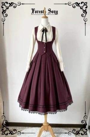 Burgundy pinstripe lolita waistcoat paired with pleated midi skirt lace hem white ruffled blouse and black neck bow vintage lolita outfit