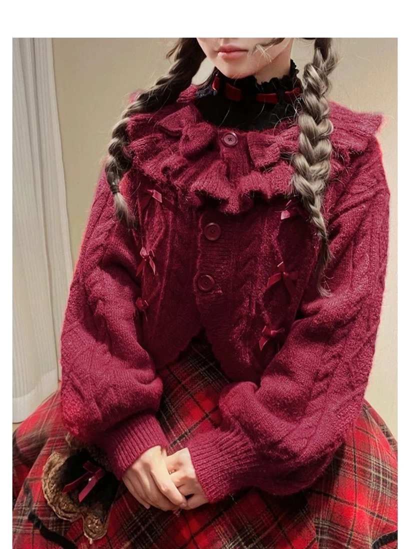Burgundy Red Cable Knit Ruffle Cardigan Sweet Lolita with Satin Bows Front Upper Body Twin Braids Styling