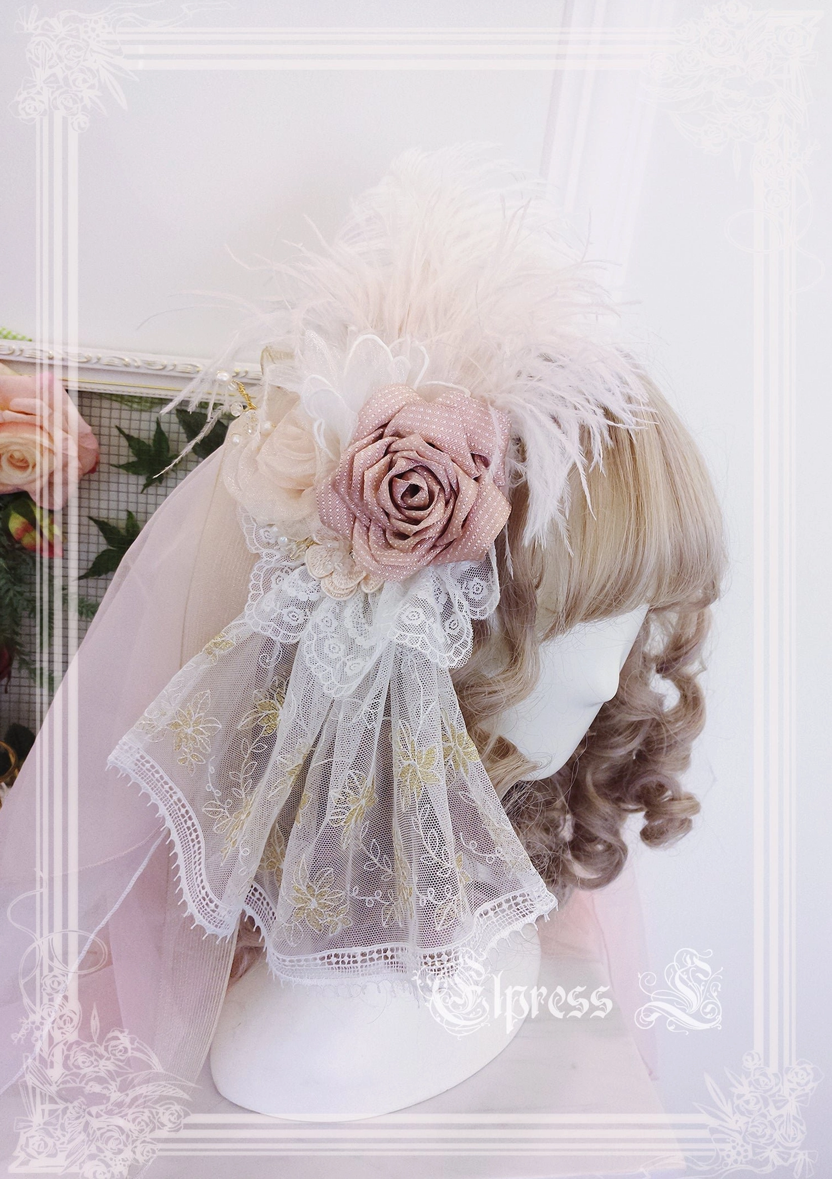 Burgundy red lolita KC head crown with floral and feather decoration three-dimensional festive accessory design