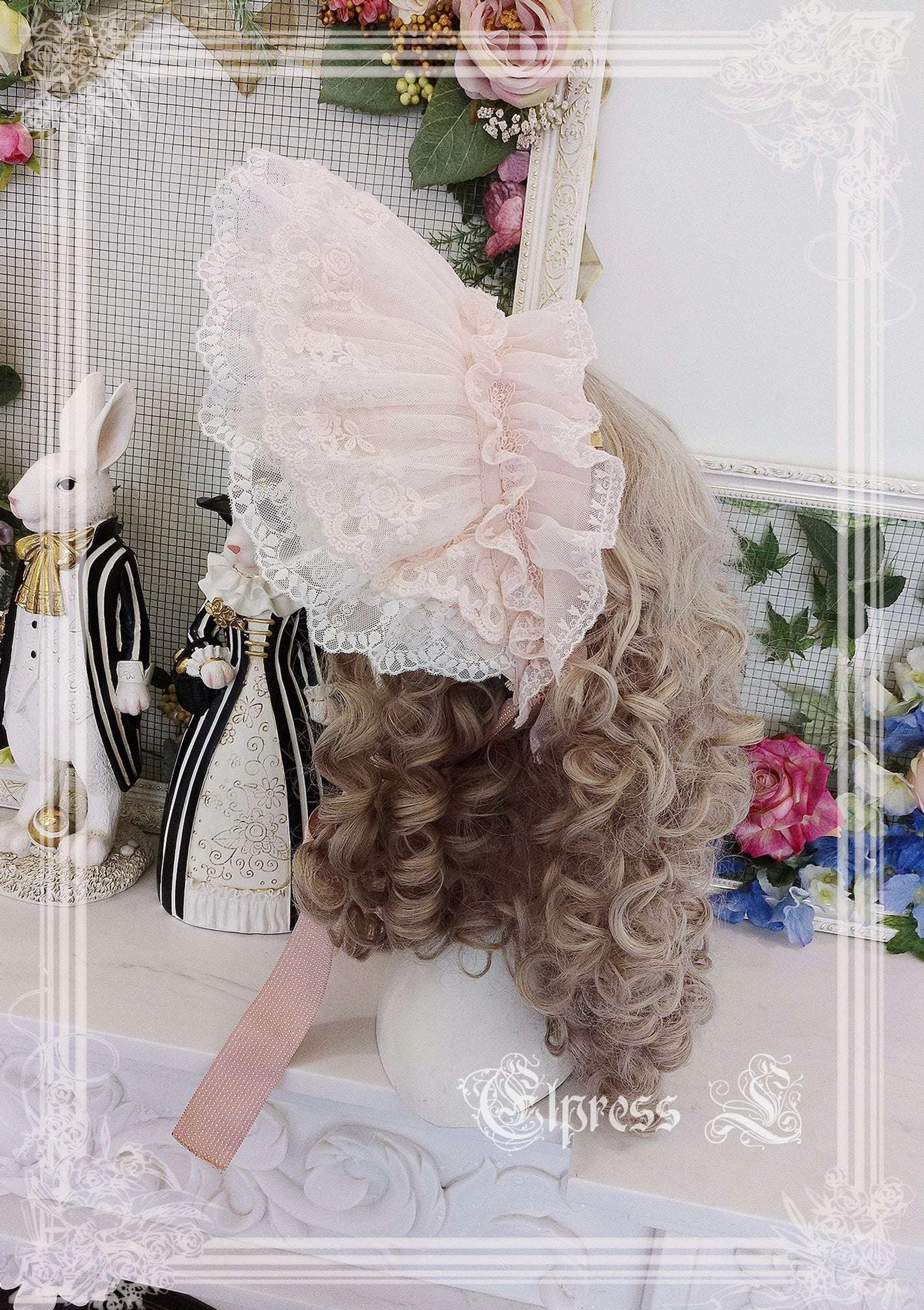 Burgundy red lolita mesh veil dual-purpose with large front bow and side mesh panels styling options festive accessory