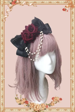 burgundy wine red artificial rose flower lace bow gothic lolita headdress clip side view detail showing pearl dangling chain vintage aesthetic