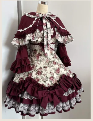 Burgundy Rose Old School Lolita JSK Dress with Detachable Cape and Bonnet - Full Front View on Mannequin Displaying Complete Romantic Coord Set