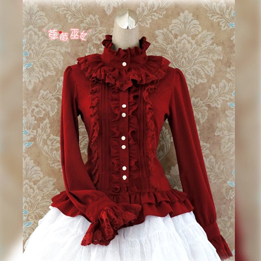 Burgundy wine silk stand collar Lolita blouse front view with ruffled neckline pearl button front and lace details