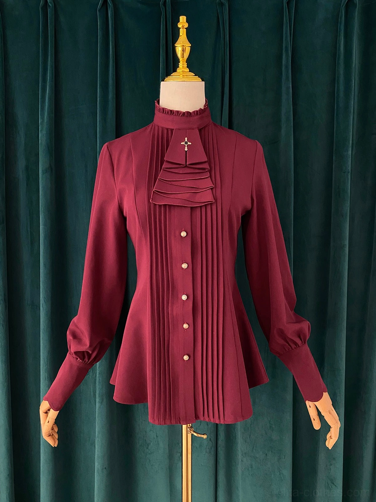Burgundy stand collar mutton sleeve Lolita blouse front full-body display dress mannequin fitted peplum waist pleated front design