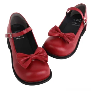 Burgundy wine red Sweet Lolita Mary Jane shoes paired display top view showing matte leather finish large front bow and adjustable ankle strap