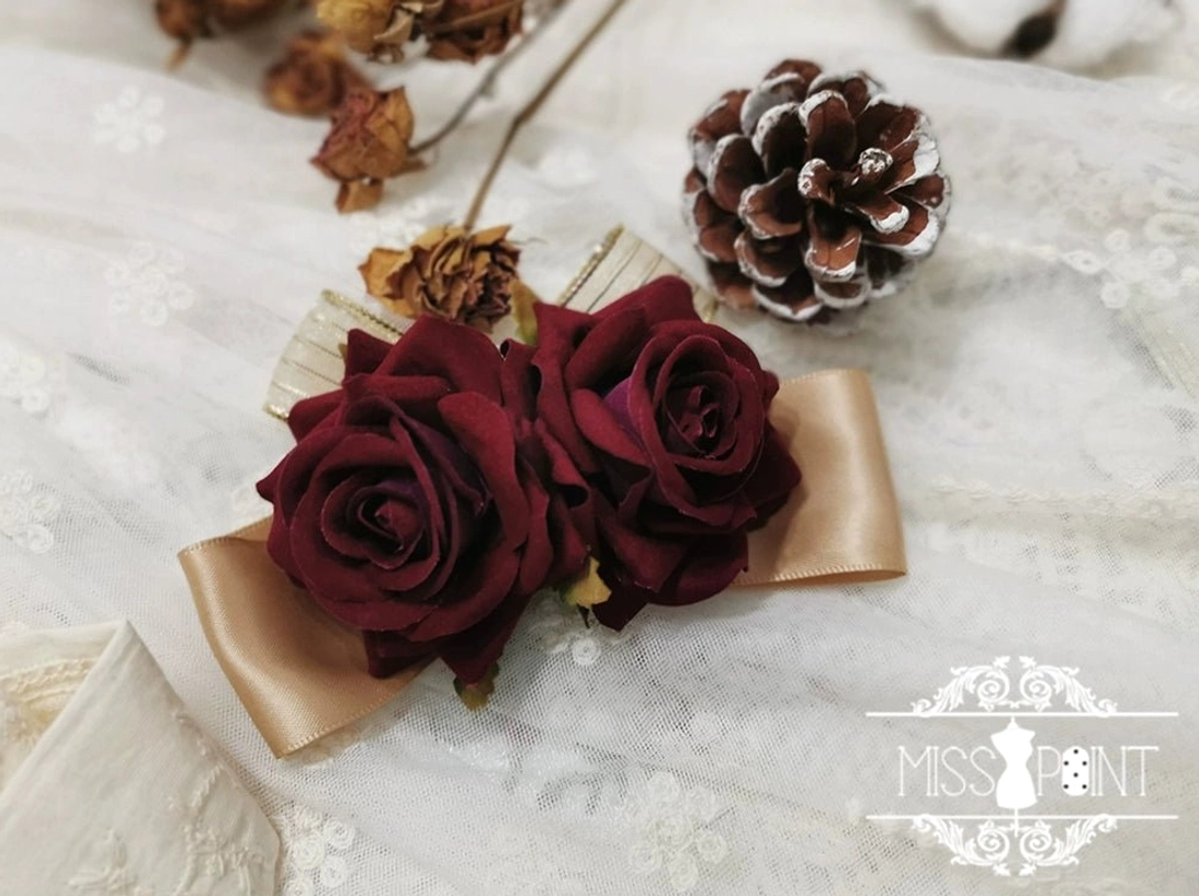 Burgundy velvet rose lolita hair clip two artificial velvet roses gold-toned satin ribbon base