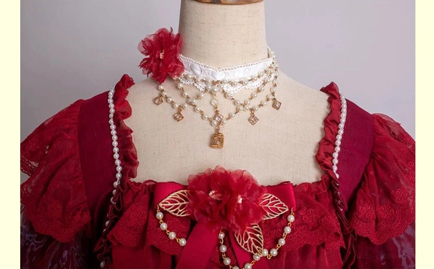 Burgundy waltz lolita waist chain accessory with dimensional pearl and rhinestone decorations, sophisticated layering element for classic lolita outfits