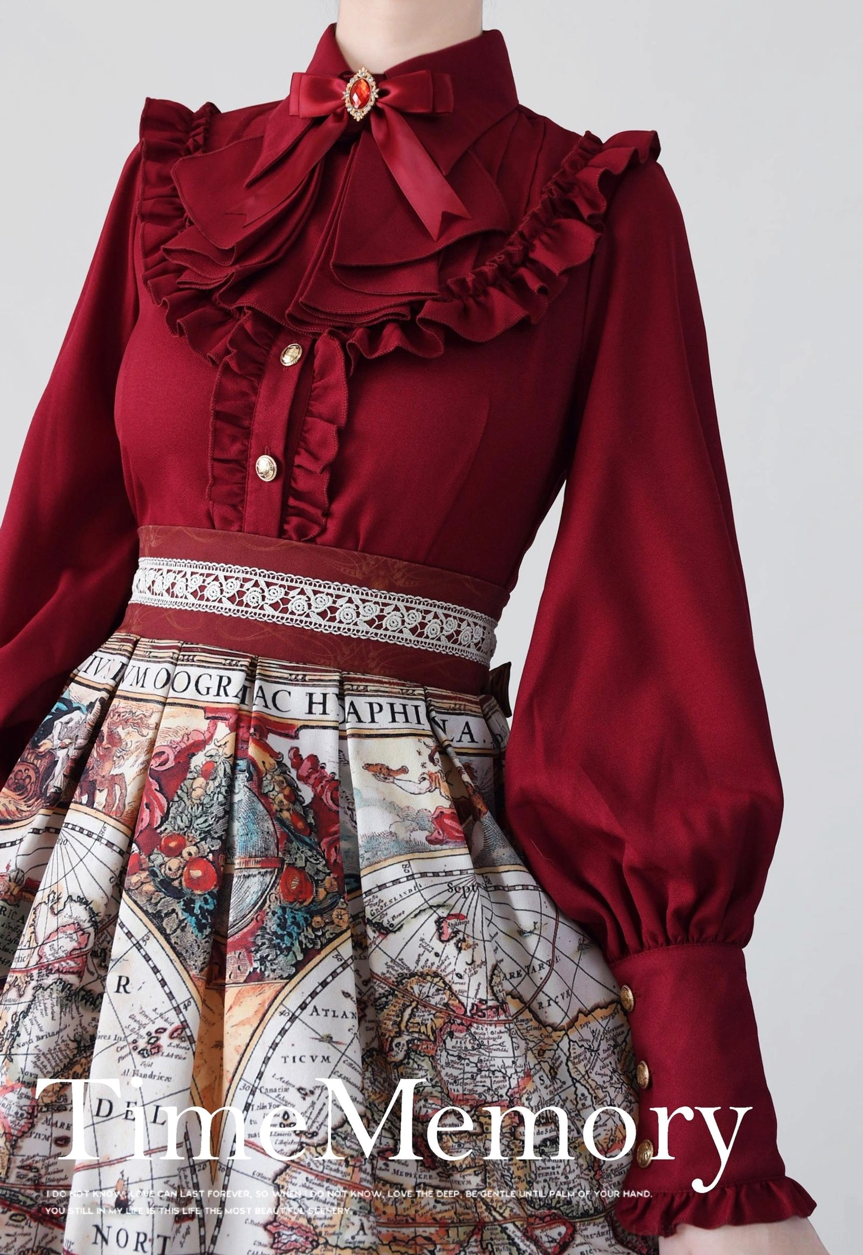 Burgundy wine red Gothic Lolita blouse with ruffled collar red bow tie puff sleeves vintage map print half skirt
