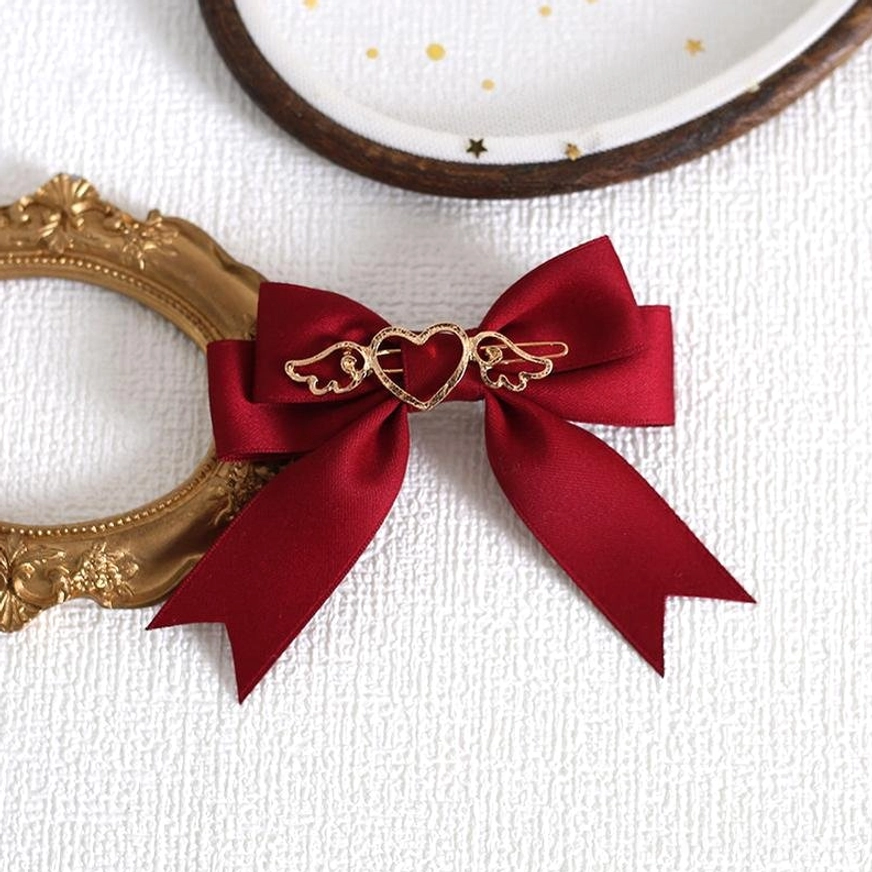 Burgundy wine red lolita bow hair clip brooch with gold heart-wing charm for romantic red lolita styling