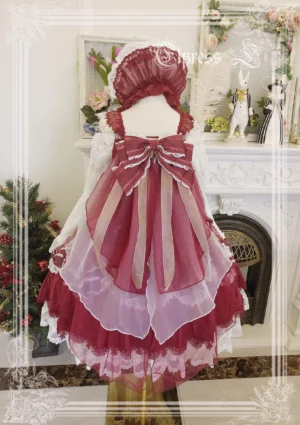 Burgundy wine red lolita JSK jumper skirt dress back view showing layered organza skirt with lace hem and oversized satin bow decoration on mannequin