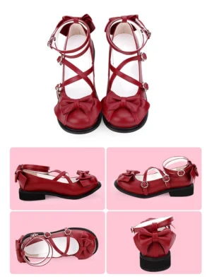 burgundy wine red sweet lolita cross-strap bow shoes studio product display with ankle buckles front bow and low heel