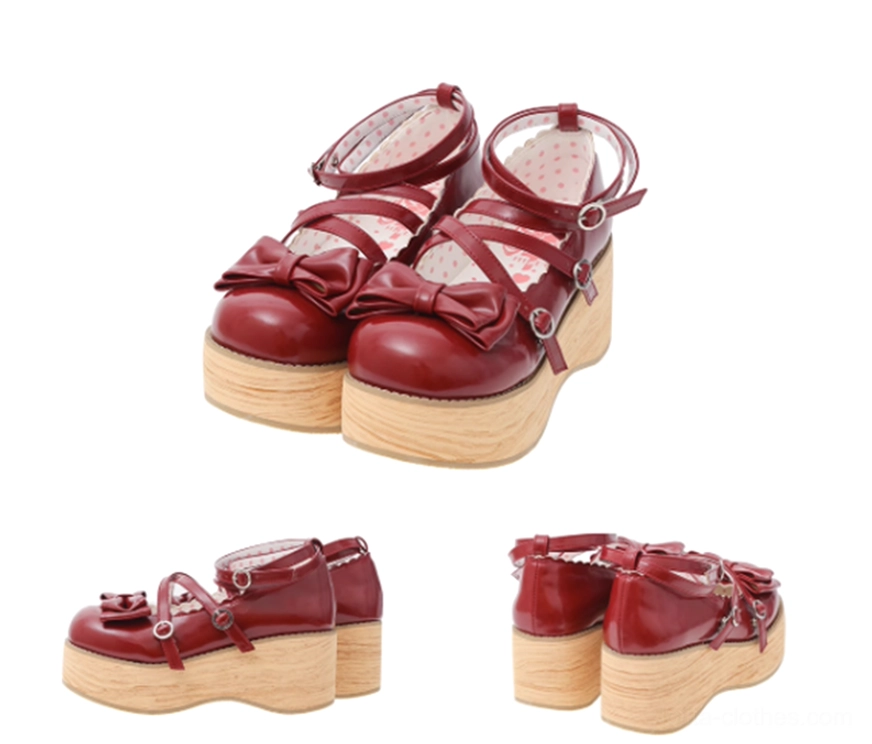Burgundy wine red sweet lolita platform Mary Jane shoes with elegant bow ornament and cross buckle straps romantic aesthetic