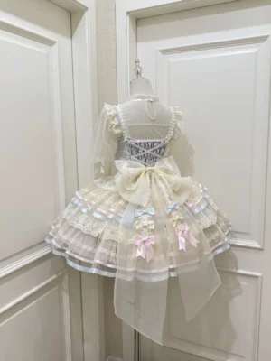 Butterfly Ballet sweet lolita jumper skirt blue colorway back view with crisscross lacing large waist bow trailing tulle layer