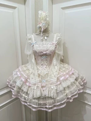 Butterfly Ballet sweet lolita JSK dress front view pink colorway with flutter sleeves lace chest decoration multi-layered tulle skirt